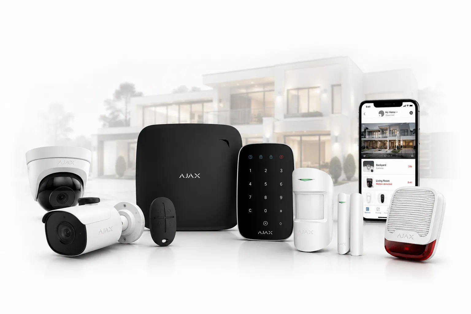 Ajax security system: CCTV cameras, alarm hub, keypad, motion sensor and smartphone app