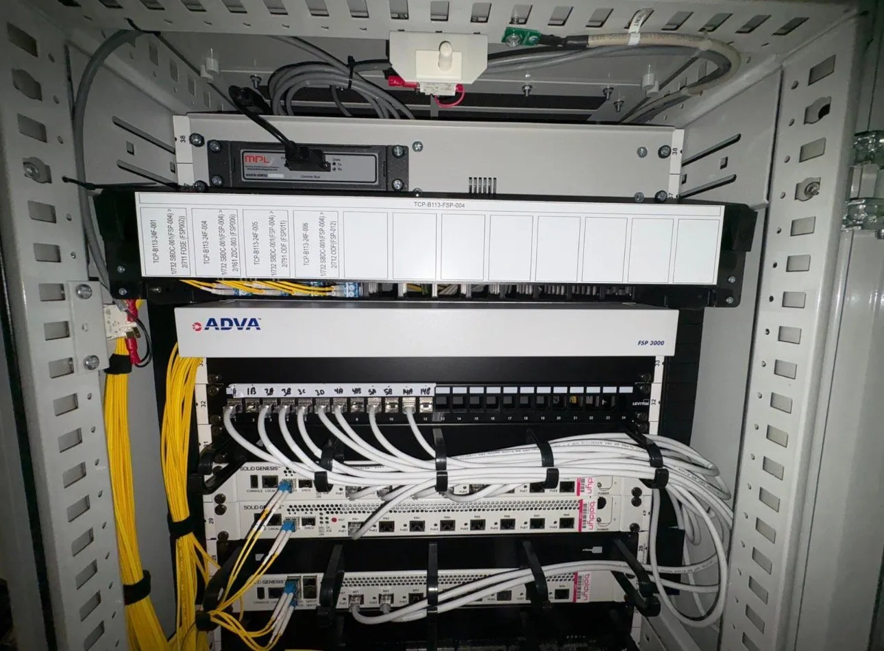 Fibre and data termination equipment installed within a comms cabinet, fully labelled.