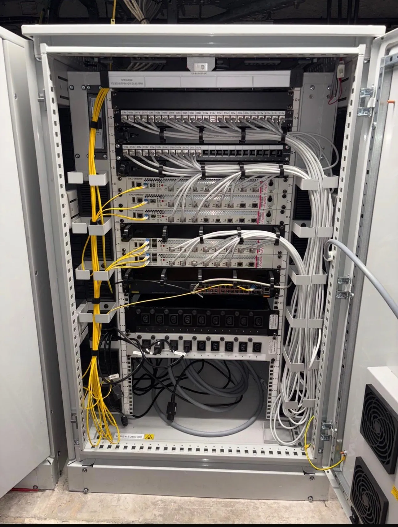 Fully populated comms rack with patch panels, media converters and PDUs, neatly labelled and dressed.
